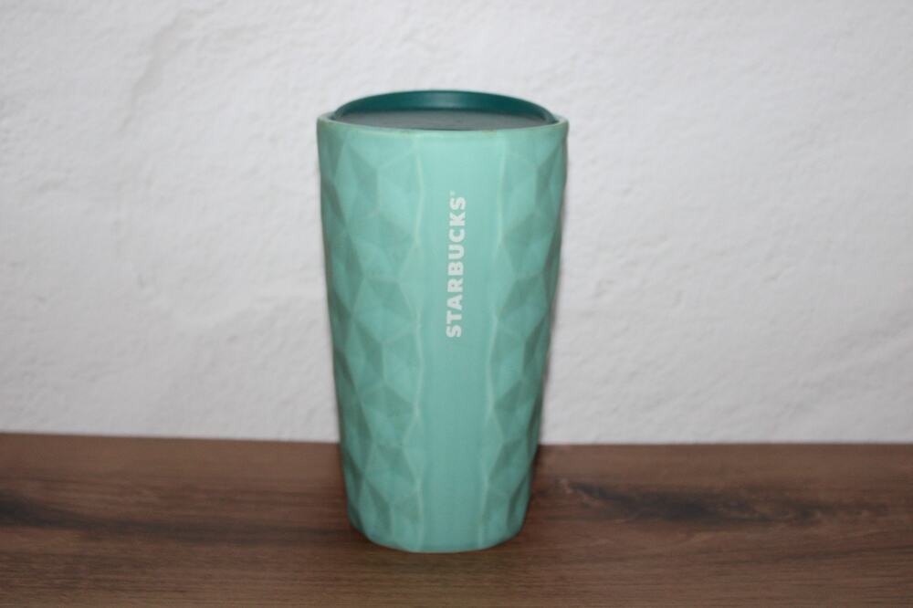 STARBUCKS 3D Geometric Textured Turquoise Ceramic Double Wall Tumbler EUC